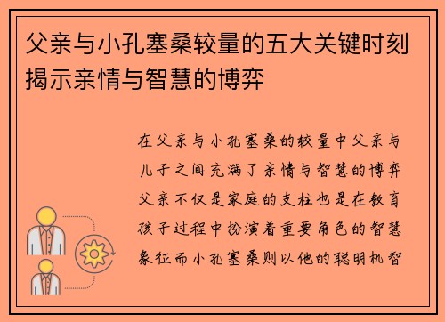 父亲与小孔塞桑较量的五大关键时刻揭示亲情与智慧的博弈